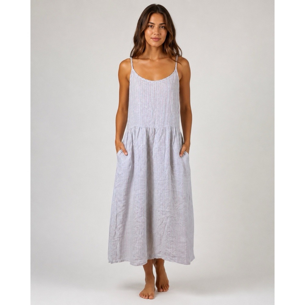 CP Shades Garnet Hill Blue Pink Stripe Linen Maxi Dress Coastal Boho USA L